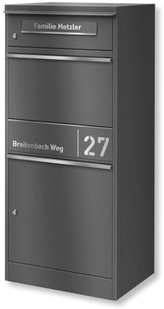 Metzler Paketbox draussen groß in Eisenglimmer DB703 - Briefkasten mit Paketfach personalisiert mit Gravur - Standbriefkasten mit Edelstahl Namensschild pulverbeschichtet rostfrei und massiv
