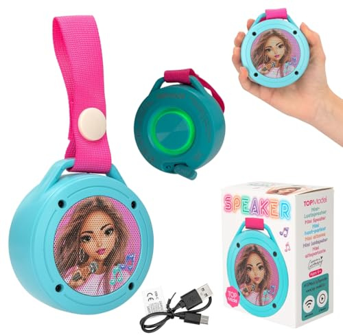 Depesche 13377 TOPModel - Mini Lautsprecher in Türkis und Pink, mit Model Motiv und Einer Schlaufe zum Befestigen, Bluetooth-Speaker für Unterwegs, inkl. USB-C Ladekabel