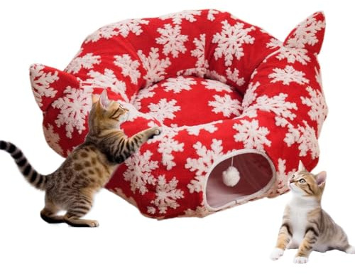 Lit Tunnel Chat décoration Jupe Sapin Noël Pliable et Lavable | Grotte pour Chat d'Intérieur en Forme de Donut pour le repos le sommeil et les jeux quotidiens en animalerie sur balcon dans