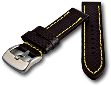 Uhren Pevak® Leder Uhrenarmband Carbon Optik Schwarz mit Gelbe Naht 22mm Uhr Armband Uhrband Ersatzband