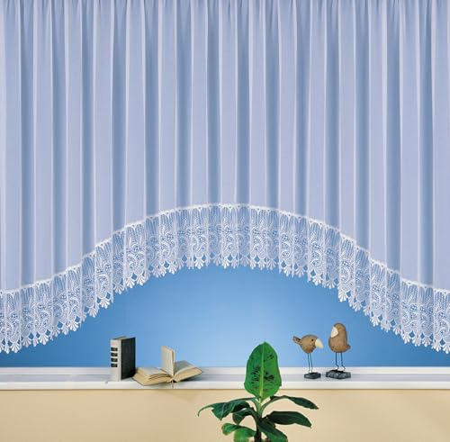 heimtexland C-Bogen Store Gardine aus edlem Websablé mit echtem Makramee-Sockel in rein weiß - HxB 145x900 cm für Dekorationsbreite 305-375 cm - Ökotex Macramée Vorhang Typ516