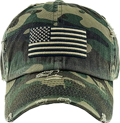 Funky Junque Damen-Baseballkappe, Used-Look, Vintage, unkonstruiert, bestickt, Amerikanische Flagge – Camo & Beige, Einheitsgröße