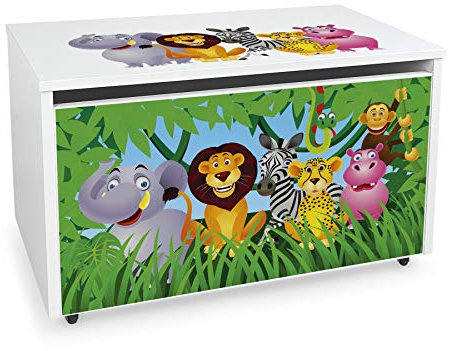 Leomark große Holzspielzeugkiste auf Rädern, Sitzbank mit Stauraum, Spielzeugkiste mit Deckel, XXL Kinderbank - Truhenbank für Kinder, weiße Aufbewahrungsbox 91L, Höhe: 46 cm (Dschungel tiere)