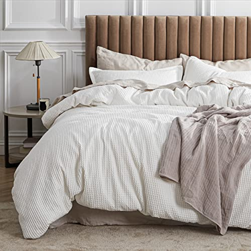 Bedsure Cotton Duvet Cover Queen - 100% Cotton Waffle Weave Coconut White Duvet Cover Queen Size, PureWoven Breathable Bedding Set for All Season, 3 Pieces, 90x90