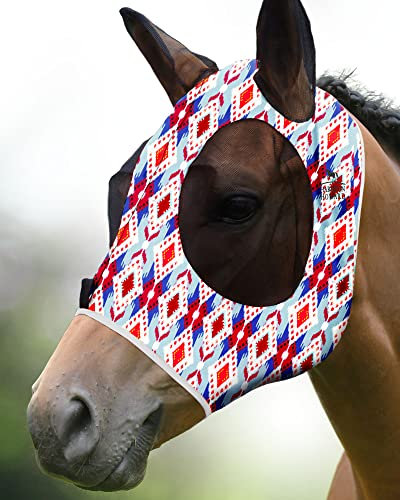 Harrison Howard Super Comfort Stretchy Fly Mask Large Eye Space with UV Protection Soft on Skin with Breathability Rot blau orange Diamantdruck (L)