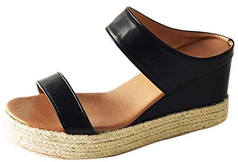 Yowablo Sandales Femmes D'été Bout Ouvert Respirant Sandales De Plage Slip-On Paille Casual Compensées Chaussures (35,noir)