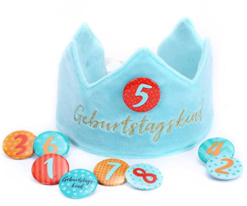 Papierdrachen Geburtstagskrone Samt mit Zahlen - Türkis - für den Kindergeburtstag - Krone aus Samtstoff mit Button Zahlen von 1-8 | Party Deko Hut für Jungen & Mädchen - Set 3