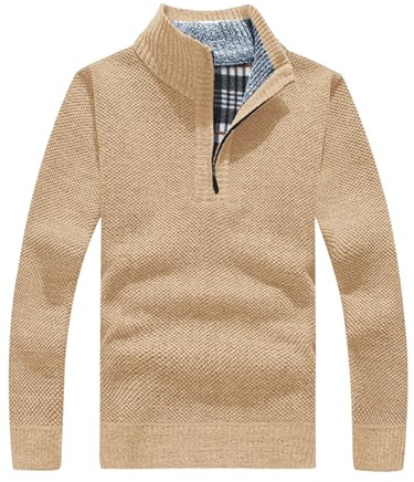 Les umes Mens Half Zip Jumper Plaid Fleece Lined Turtleneck Knit Sweater Long Sleeve Warm Stand Collar Pullover Khaki 2XL