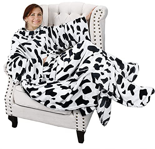 Catalonia Classy Decke mit Ärmeln und Fußtasche Geschenk für Frauen Herren, Flauschig Fleece Tragbare Kuscheldecke mit Ärmeln, Warm Decke zum Anziehen Ärmeldecke Erwachsene, 190 x 135 cm Kuh-Druck