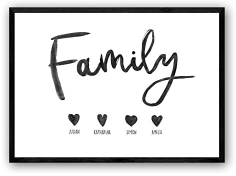 Personalisierte Geschenk Familie Poster mit Herz — Typographie Wandbild Querformat in Minimalistisches Design — Familienbild für Kinderzimmer, Wanddeko oder Wohnzimmer — Größe und Rahmen Optional