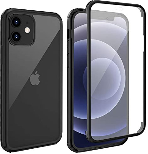Leedia 360 Grad Hülle Kompatibel mit iPhone 12 mini Hülle Ganzkörper Eingebauter Glas Displayschutzfolie Stoßfest Schutzhülle Transparent Durchsichtig Handyhülle für iPhone 12 mini 5G 5.4 Schwarz