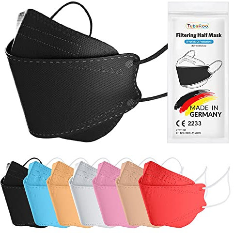 TubeRoo FFP2 Maske schwarz Fischform 1 Stück Masken, Made in Germany, Versand aus Deutschland, weiche Ohrschlaufen Bänder, Atemschutzmaske