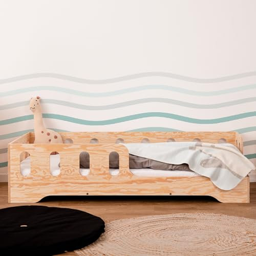 smartwood TILA 1P Kinderbett 70x140 | Montessori Bodenbett mit Lattenrost & Rausfallschutz | Für Jungen & Mädchen | Sicheres und Robustes Holzbett für Kinder ab 3 Jahren