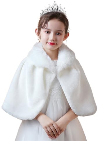 SK Studio Mädchen Kunstpelz Bolero Jacke Shrug Langarm Prinzessin Cape Mantel Blumenmädchen Achselzucken für Weihnachten Geburtstag Party Weiß, 11-12 Jahre