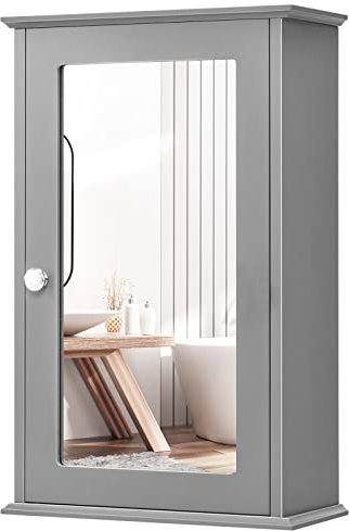 COSTWAY Bathroom Mirror Cabinet, Wall Mounted Storage Cupboard with Single Door and Adjustable Shelf, Wooden Medicine Cabinet Organiser Unit for Living Room Kitchen Hallway (Grey)