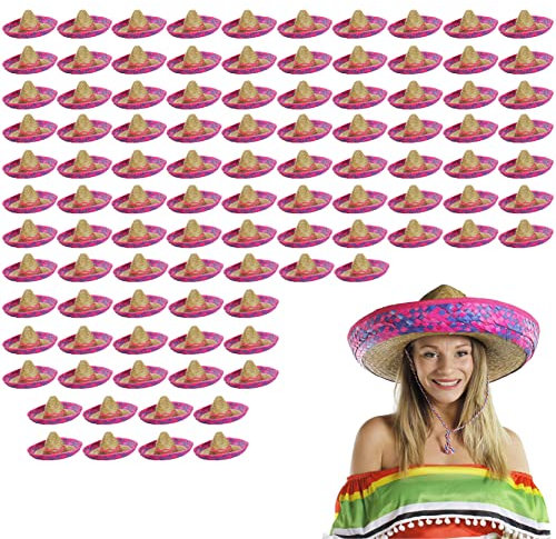 Sombrero bordado rosa mexicano – Paquete de 100 – Sombrero de paja accesorio de vacaciones ideal para despedida de soltera, fiesta en la playa