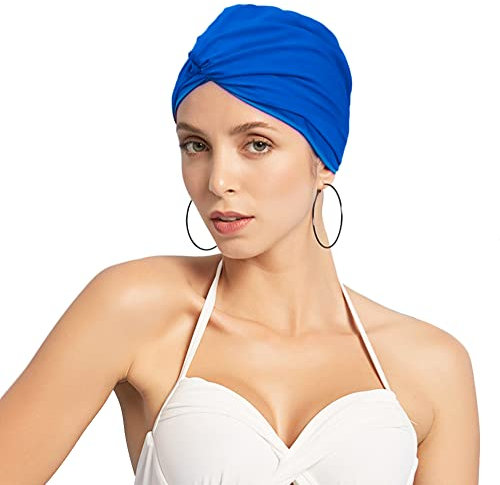 Schwimmkappe Damen Turban Badekappe Ohrenschutz Badehaube rutschfest Swimming Cap Retro Schwimmhaube Mädchen Bademütze Elastisch Schwimmmütze Sommer Schwimmkappe für Lange Kurze Haare Frauen Blau