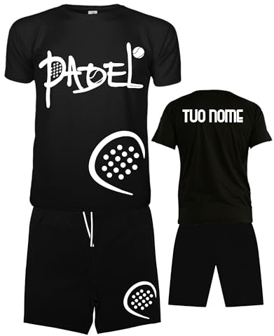 Vestipassioni Padel personalisierbares T-Shirt und Shorts, schwarz, 5 Größen erhältlich und 5 Druckfarben, für Wettkampf und Training