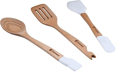 BERGNER Genius - Juego 3 Utensilios Rasera Ranurada - Cucharón - Cuchara Ranurada - Fabricados en Silicona y Madera de Haya - Sin BPA - Antiadherente y Antiarañazos - Resistentes al Calor