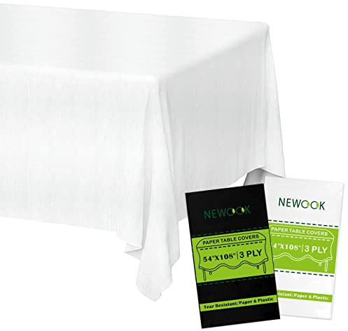 NEWOOK Weiße Einweg-Tischdecke, rechteckig, 137 x 274 cm, 3-lagig, aus Papier und Kunststoff, saugfähig und wasserdicht, für Outdoor, Geburtstag, Party, Hochzeit, Bankett