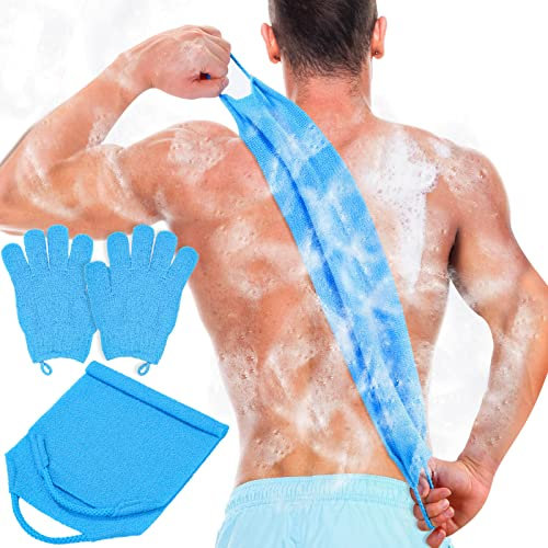 Anezus Peeling-Rückenschrubber Badehandschuhe-Set, Peeling-Duschtuch mit Duschhandschuhen für Körperpeeling, Rückenreiniger, Waschhandschuhe zum Entfernen abgestorbener Haut (blau)