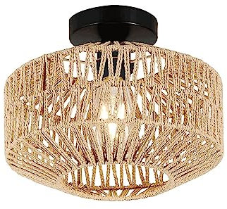 YIKEGE LICHT Vintage Boho Rattan Lampe Deckenleuchte Hängelampe Deckenlampe Geflochten Korb Lampenschirm Badezimmerlampe Wandlampe - E27 Industrielle Deckenleuchten für Küche Schlafzimmer, Hellfarbig