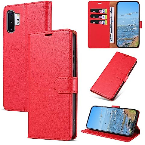KKEIKO Hülle Kompatibel mit Samsung Galaxy Note 10 Plus, Magnet Klappbar Handyhülle mit Kartenfach, PU Leder Stoßfest Schutzhülle für Samsung Note 10 Plus, Rot