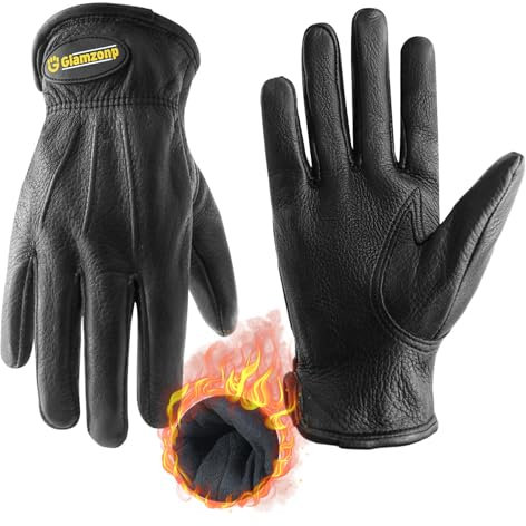HANDLANDY Leather Winter Work Gloves, 3M Thinsulate Lining Deerskin Warm Working Gloves, Thermal Insulated Lined Gloves for Women & Men Large