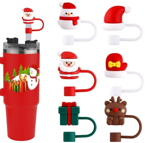6pcs Christmas Straw Cover for 0.39 Inch Straws, Santa Claus, Hat, Snowman Style Silicone Straw Tip Covers Caps Compatible with Stanley 40oz Tumbler with Handle