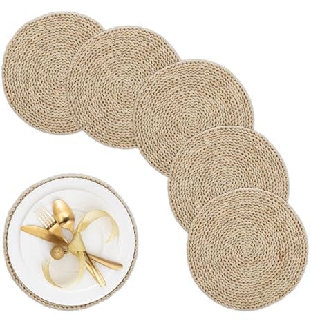 Relaxdays Tovagliette Sottopiatto in Paglia, Set da 6, Ø 30 cm, Placemat Americane Rotonde, Sottopentola, Naturale, Fibra vegetale