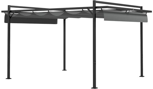 Outsunny Pérgola 3x4 m Gazebo Cenador de Jardín con Techo Retráctil de Poliéster y 12 Orificios de Drenaje Pérgola para Patio Terraza Exterior Gris Oscuro