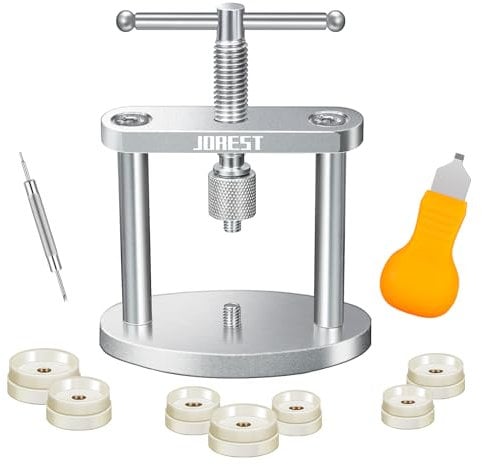 JOREST Kit Pressa Orologiaio Professionale, Chiudere Cassa Orologio, Attrezzi per Riparazione Orologi, Kit Cambio Batteria Orologio con Apri Cassa e Manuale di Istruzioni, Solo per Quadranti Rotondi