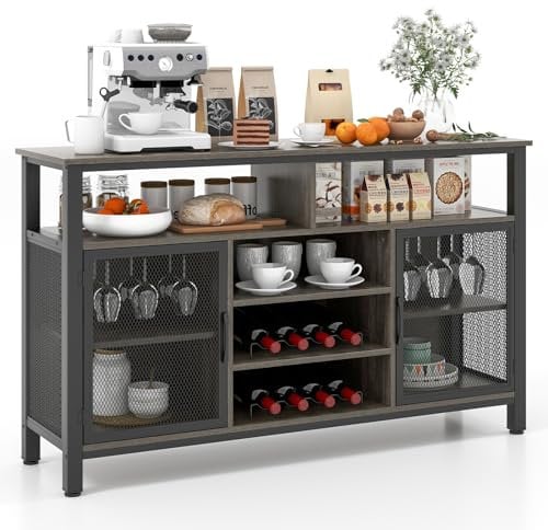 COSTWAY Kitchen Buffet Sideboard, 2-Door Wine Storage Cabinet with Wine Racks, Glass Holders & Shelves, Wooden Server Cupboard for Dining Living Room (Gray+Black)