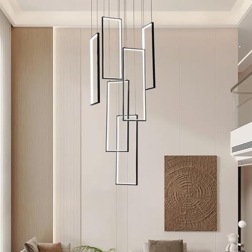 ZenithBeam Treppenhaus Kronleuchter Modern,300Cm Hoch Schwarz Led Pendelleuchte,6 Rechteckige Dimmbar Dekoratives Hängeleuchte FüR Villa Treppe Esszimmer Wohnzimmer,Hohe Decken Pendellampe LüSter