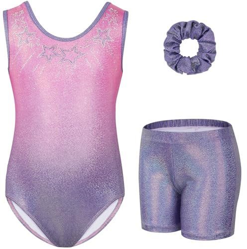 Gogokids Mädchen Drei Teiliges Gymnastikset, Ärmelloser Gymnastikanzug mit Shorts und Haarband, Ballett Tanzender Leotard Gymnastik Outfit mit Funkelnde für Mädchen, Ärmellose Trikots für 3-12 Jahre