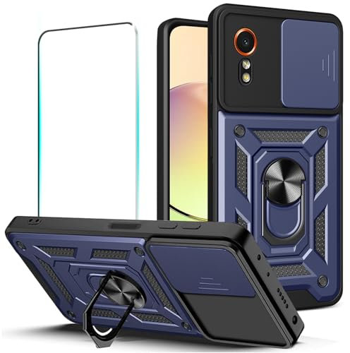 KEKBOXQ für Samsung Galaxy XCover 7 5G Hülle, Kameraschutz Handyhülle mit 1 Stück Panzer Schutz Glas, Militärqualität Schutzhülle für Samsung X Cover 7, Metall Ring Ständer Case Cover, Blau