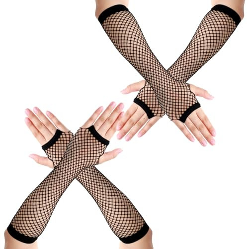 AOZUO Rosa Netzhandschuhe, 80er Jahre Armstulpen, Lange Fingerlose Neonhandschuhe für Frauen Mädchen - Gothic Emo Kostüm Mottoparty Zubehör