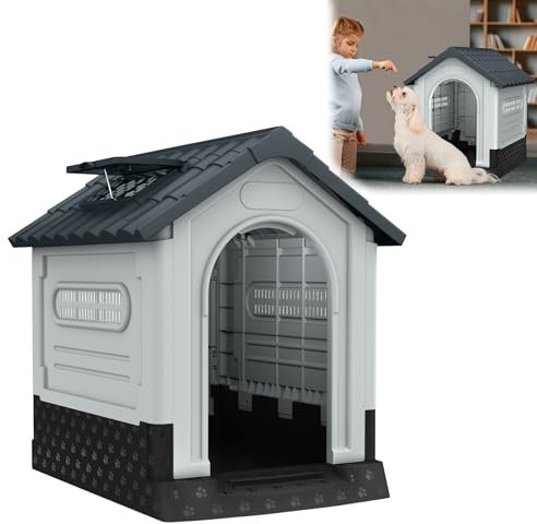 YARDIN Hundehütte aus Kunststoff mit Erhöhtem Boden, Dachfenster und Belüftung 65x56.5x67cm Wasserdicht und Isoliert Haustierhaus Plastik Haustierhütte für Innen- und Außenbereich, Grau und Weiß