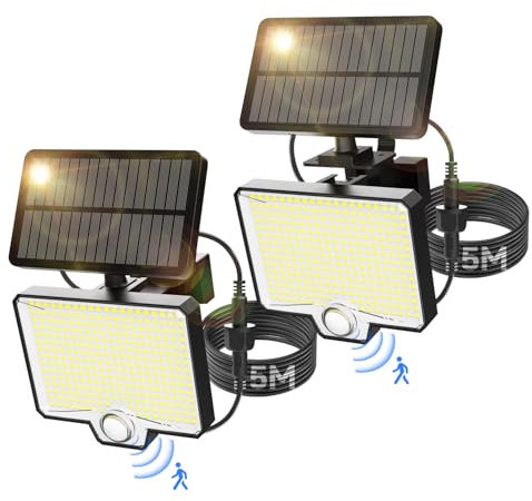 Moman Luz Solar Exterior, 2PCS/294LED Focos Solares para Exterior con Sensor de Movimiento 4 Modos Ajustables IP65 Impermeable Potente 6000K Lampara Solar con 5M Cable, Foco-LED-Solar-Exterior-Luz