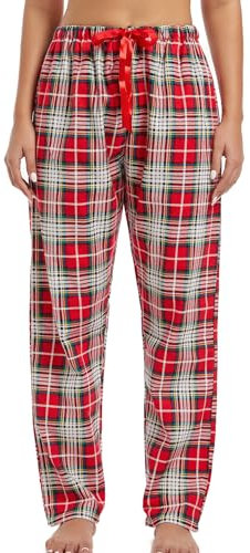 ENJOYNIGHT Schlafanzughose Damen Lang Flanell Pyjamahose Karierte Schlafhose Winter Weich Nachtwäsche Freizeithose mit Kordelzug (Medium,Rot+Weiß)