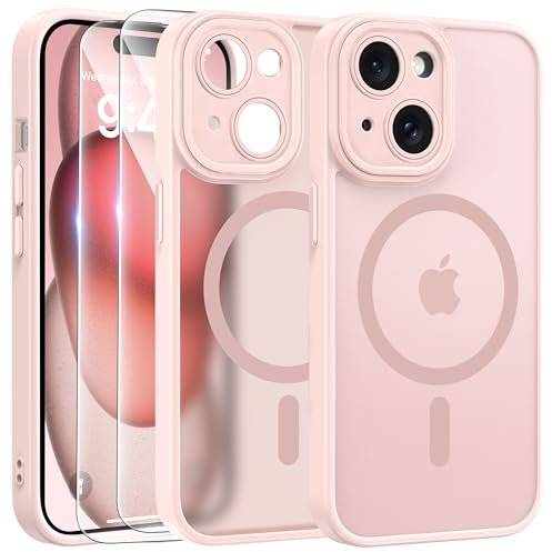 FLLAO Magnétique Coque pour iPhone 15 avec 2 Verre Trempé, Compatible avec MagSafe, Protection d'objectif Tout Compris, Etui Mat Arrière Housse Fine Antichoc Case iPhone 15 6.1, Rose