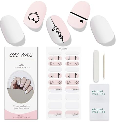 JMEOWIO Gel Nail Stickers Valentines Day Heart Semi Cured Gel Nail Strips Wraps UV/LED Nails Art Design Decoration Accessories