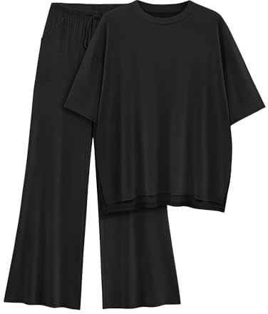 AmazingStar Womens Lounge Set 2026 Summer 2 Piece Outfits Oversized Short Sleeve Tops & Wide Leg Pant Matching Sets Clothing(Black, L)