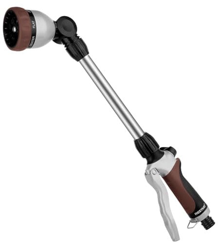 RESTMO Arroseur de Jardin en Métal, 42 cm de Long, avec Manche, Tête Pivotante à 180°, avec Contrôle du Débit, 7 Modes de Pulvérisation, Baguette Magique pour Suspensions de Fleurs et Arbustes, Marron