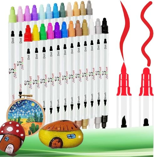 AVAVA 24 Colours Acrylic Paint Pens, Dual Tip Acrylic Paint Markers for Paper, Wood, Canvas, Stone, Rock Painting, Glass, Fabric, DIY, Ceramic, Art Supplies for Kids and Adults Drawing (Dot+Brush)