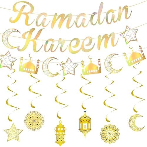 GoaePode Ramadan Mubarak Hängendes Banner, Ramadan Kareem Eid Mubarak Hängende Dekorationen, Gold Stern Mond Laterne Spirale Luftschlangen für Islamische Feiern und Moschee Ausgehöhlte Partyzubehör