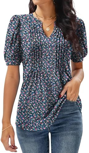 GRECERELLE Womens V Neck Tops Puff Short Sleeve | T-Shirt Pleated Floral Printed Tunic Blouse Shirts