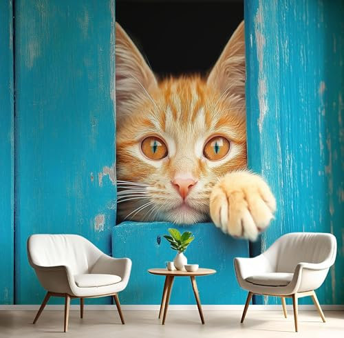 Seide Fototapete SüßE Tiere 400×280 CM (W×H), Foto Tapete Schlafzimmer Wohnzimmer Seide tapete, Wandtapete Loch In Holzwand Katze Motivtapeten Bildtapete 3d Effekt Wand Dekoration