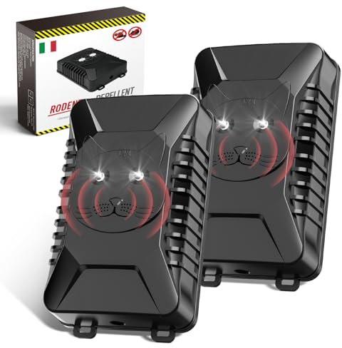 Repellente Topi per Auto, 2 Pezzi Repellente Martore Auto Con Flash, Ultrasuoni per Topi a Batteria, Anti Martora Auto, Anti Faine, Donnole, Roditori, Dissuasore per Martore Garage, Casa, Giardino