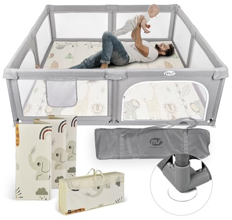 MS Parque XXL + Alfombra de Juegos para Bebé 180 * 200 cm - Doble Cara, Tapete Muy acolchado (1,5cm Grosos), Plegable y con Bolsa de transporte